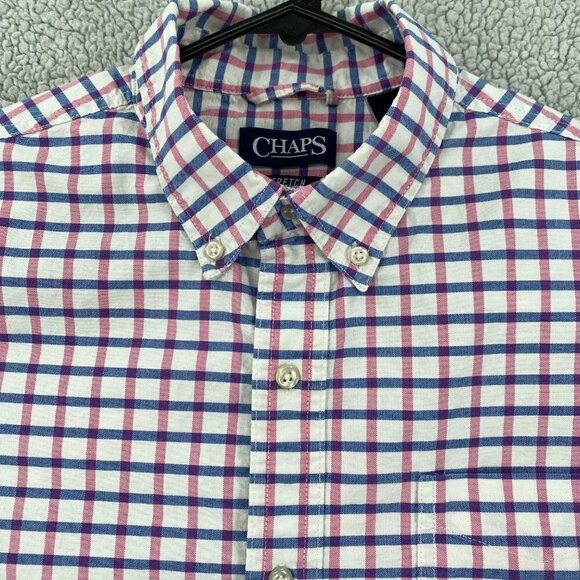 Chaps Shirt Men's Large Dark Pink Blue Plaid Long Sleeve Stretch Oxford Office - Picture 2 of 11